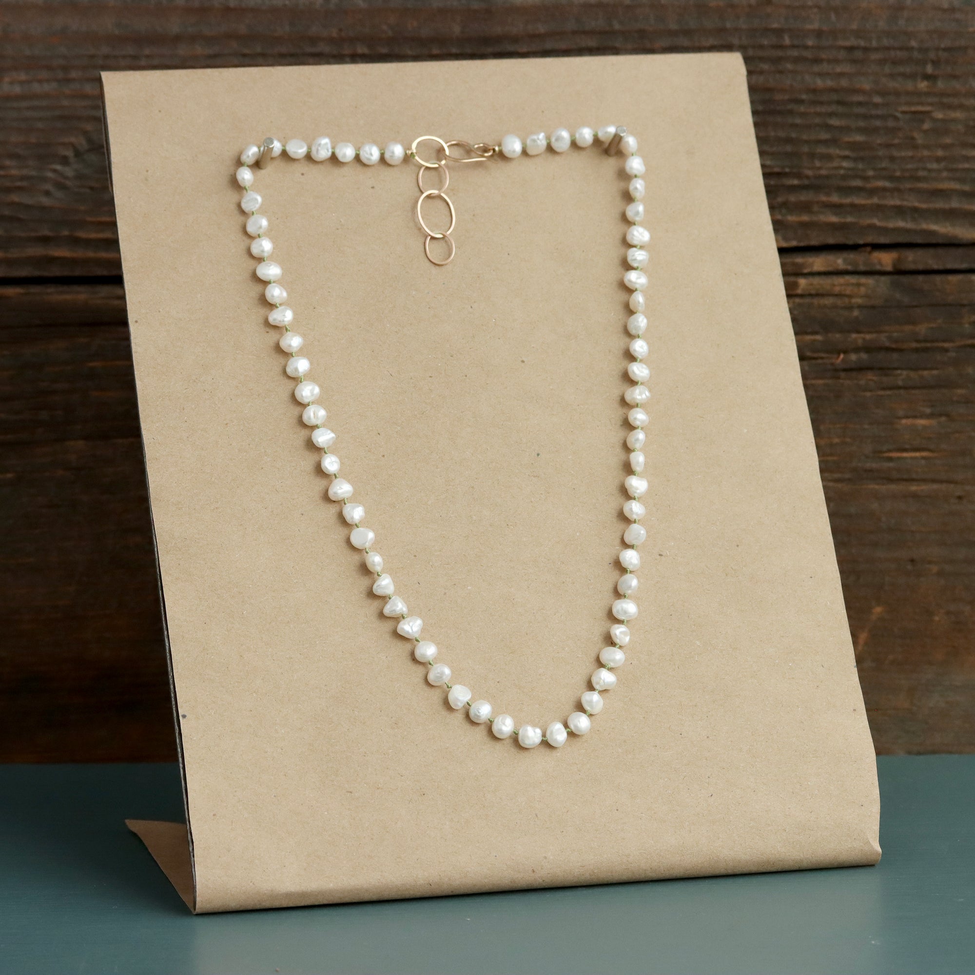 Chunky Keshi Pearl Necklace on Knotted Green SIlk