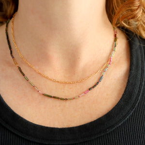 Watermelon Tourmaline Tube Bead and Gold Fill Chain Wrap Necklace