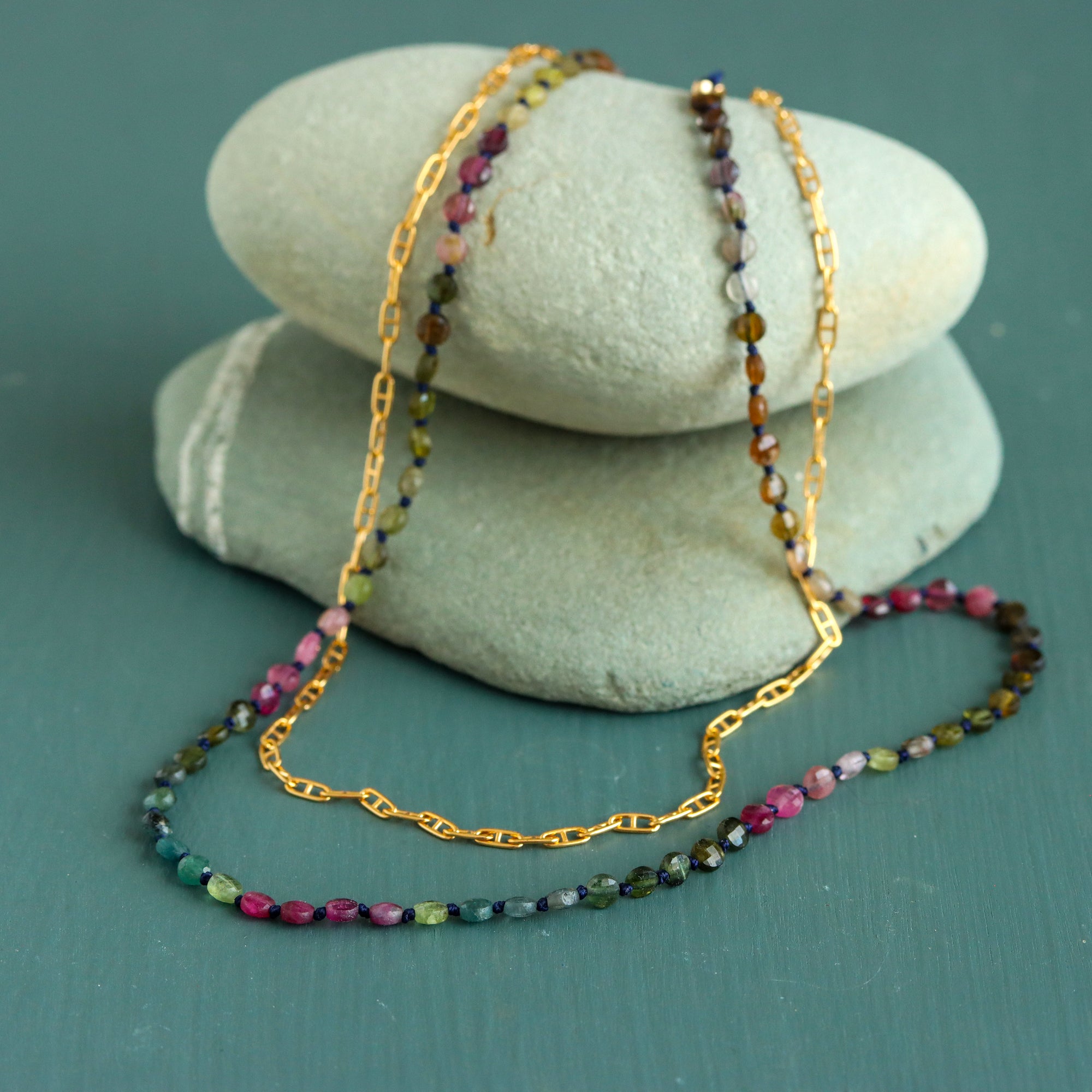 Watermelon Tourmaline and Gold Fill Chain Wrap Necklace