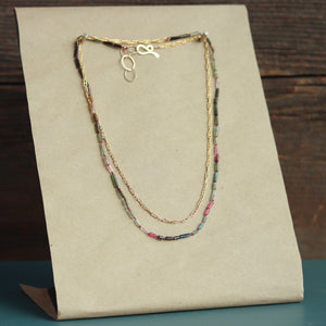 Watermelon Tourmaline Tube Bead and Gold Fill Chain Wrap Necklace