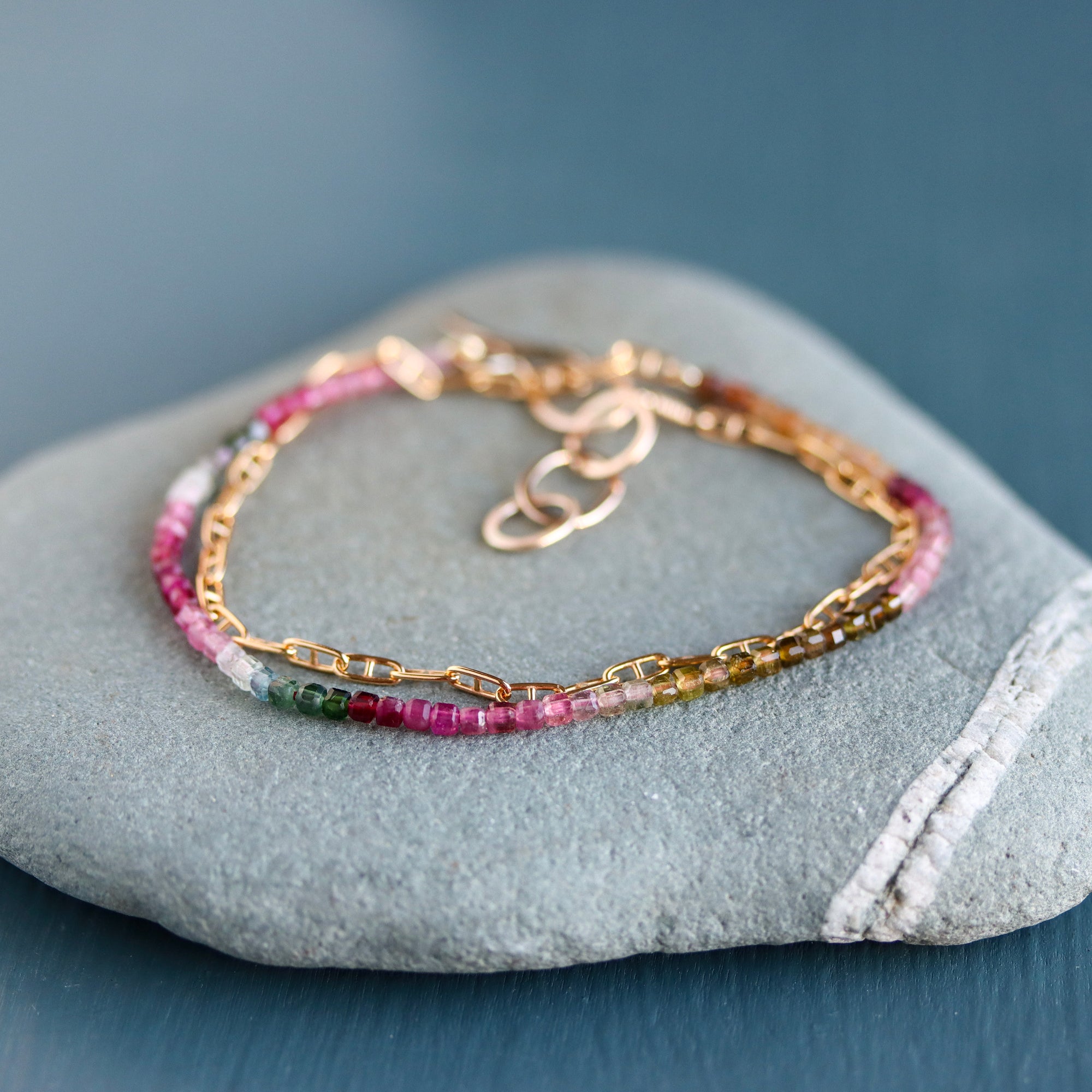 Watermelon Tourmaline and Gold Fill Chain Wrap Bracelet