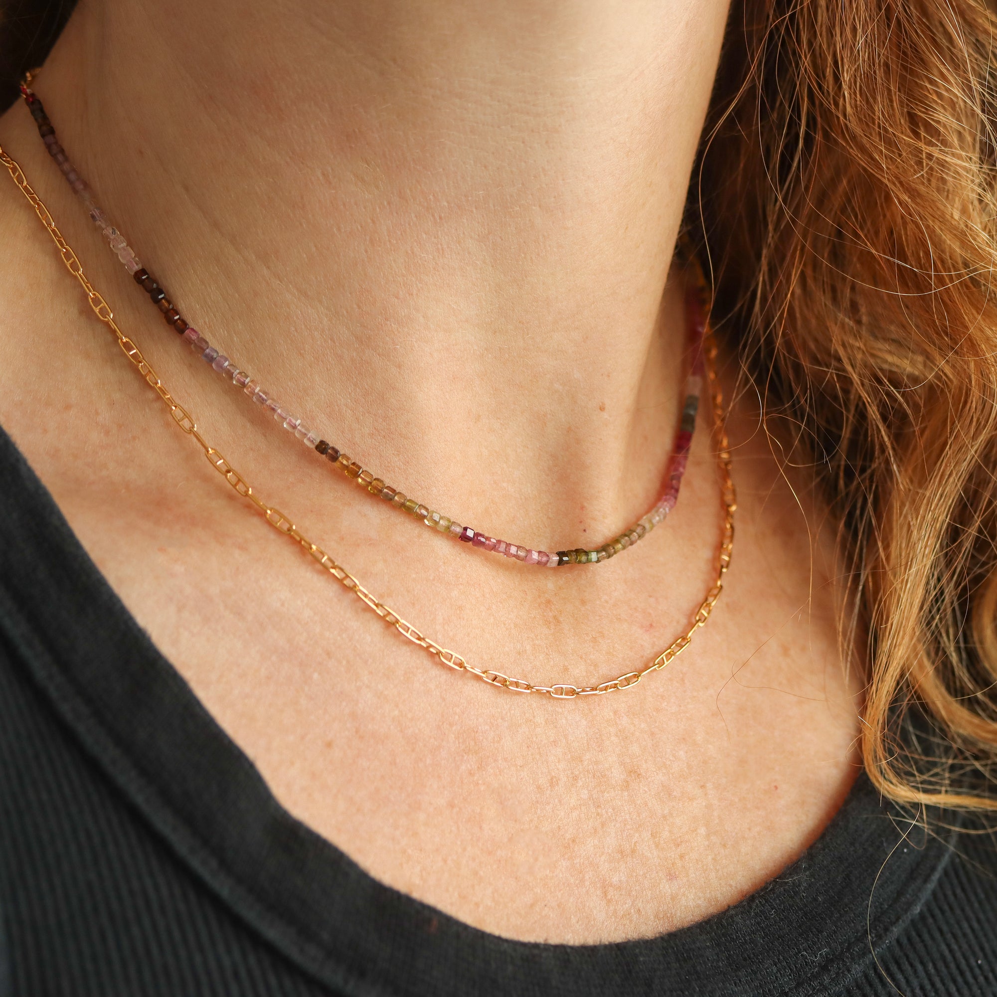 Watermelon Tourmaline and Gold Fill Chain Wrap Necklace