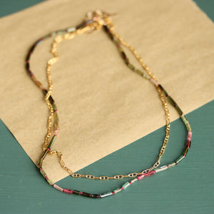 Watermelon Tourmaline Tube Bead and Gold Fill Chain Wrap Necklace